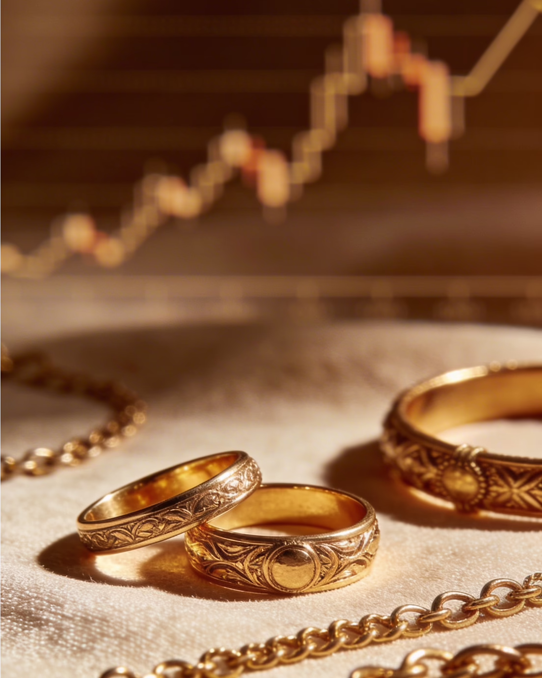 Gold rings and a gold chain close up